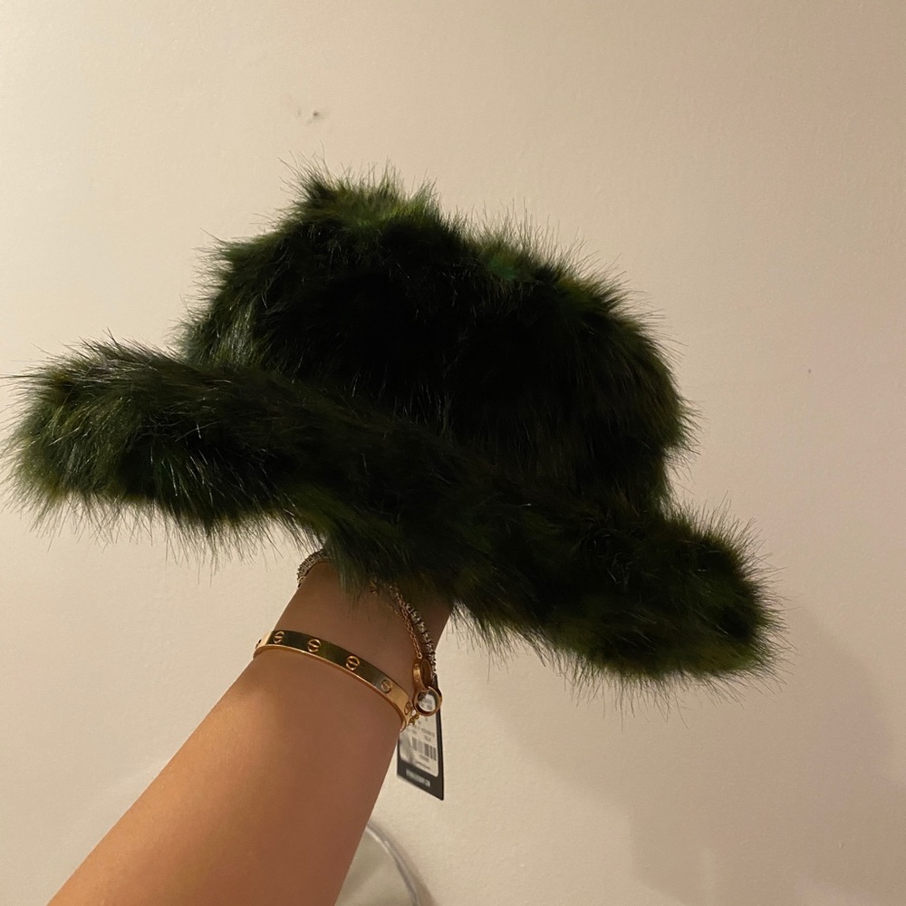 Green furry Opening Ceremony hat with tags!